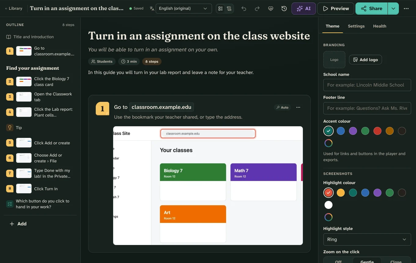 The Pathlight guide editor: an outline of eight steps on the left, the first step with its zoomed, highlighted screenshot in the middle, and theme settings on the right.