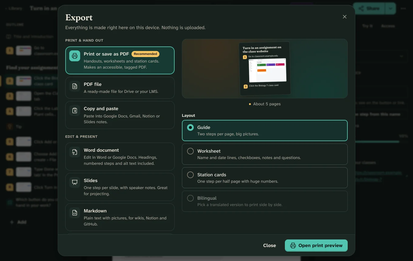 The Export dialog listing Print or save as PDF, PDF file, Copy and paste, Word document, Slides and Markdown, with a page preview and layout choices.