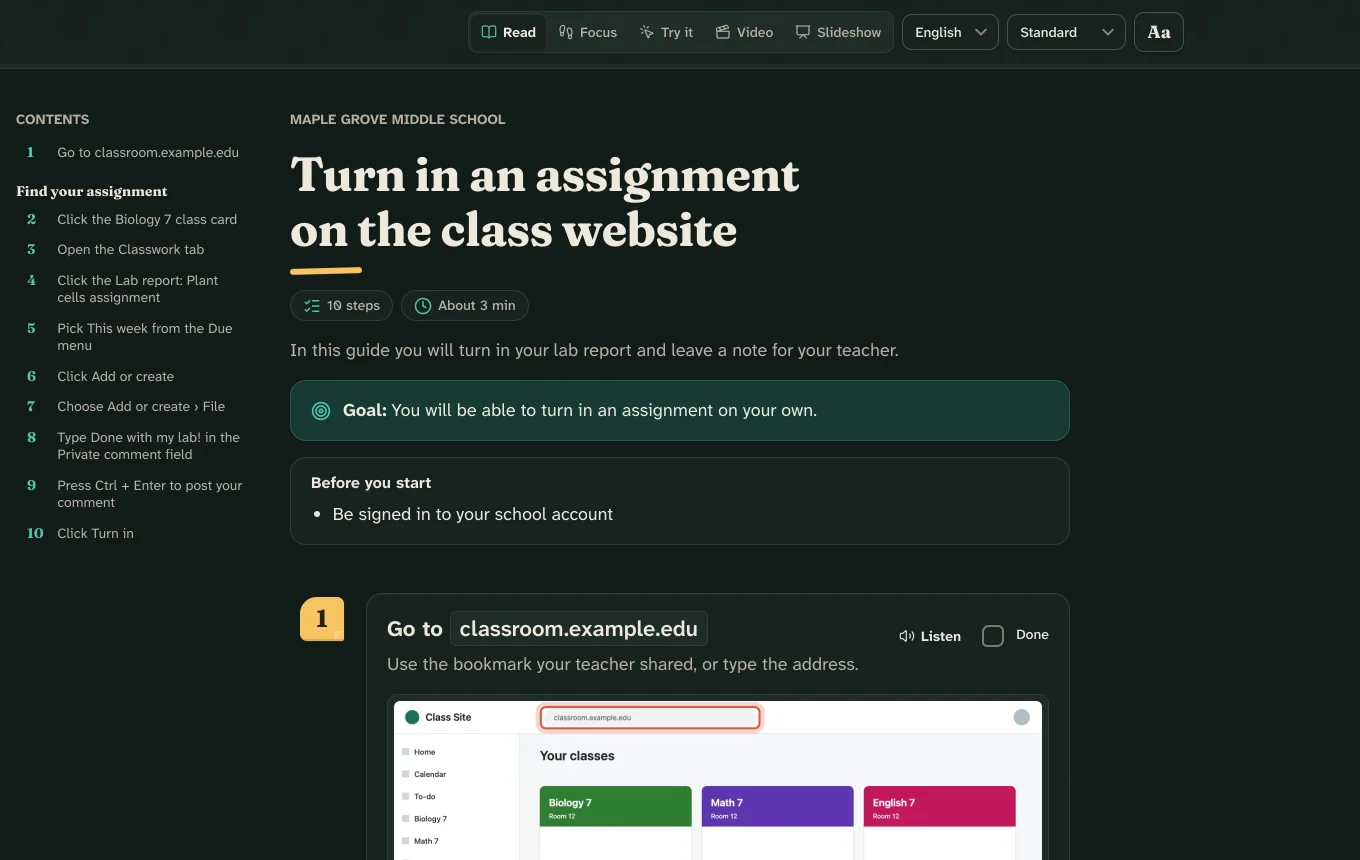 The student player in Read mode with language and reading-level menus at the top.
