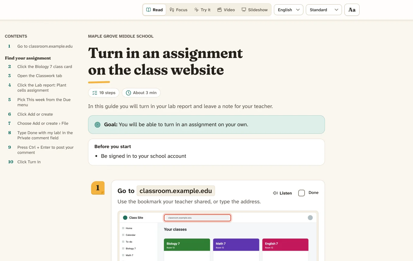 The student player in Read mode with language and reading-level menus at the top.