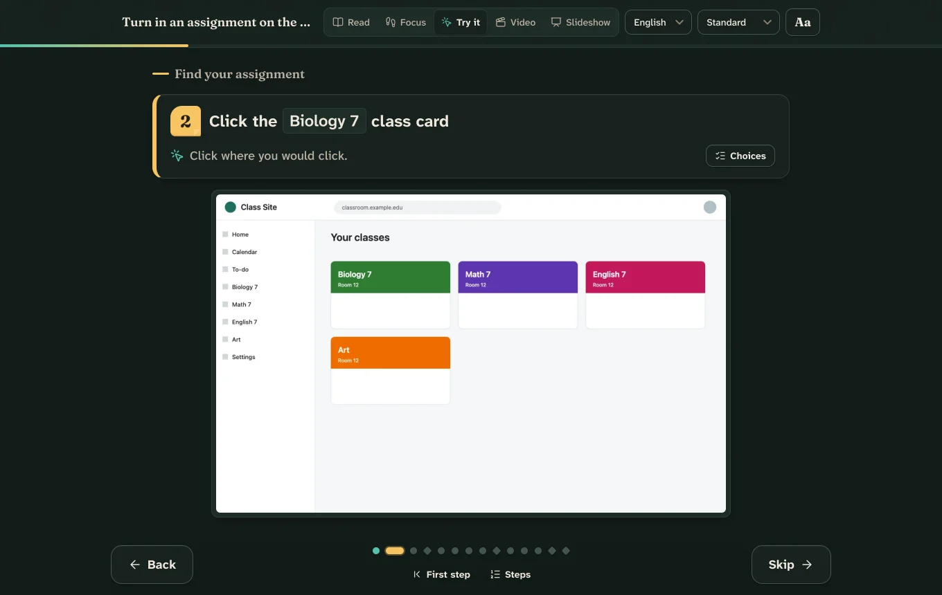 The student player in Try it mode. The step reads: Click the Biology 7 class card. Students click where they would click on the screenshot.