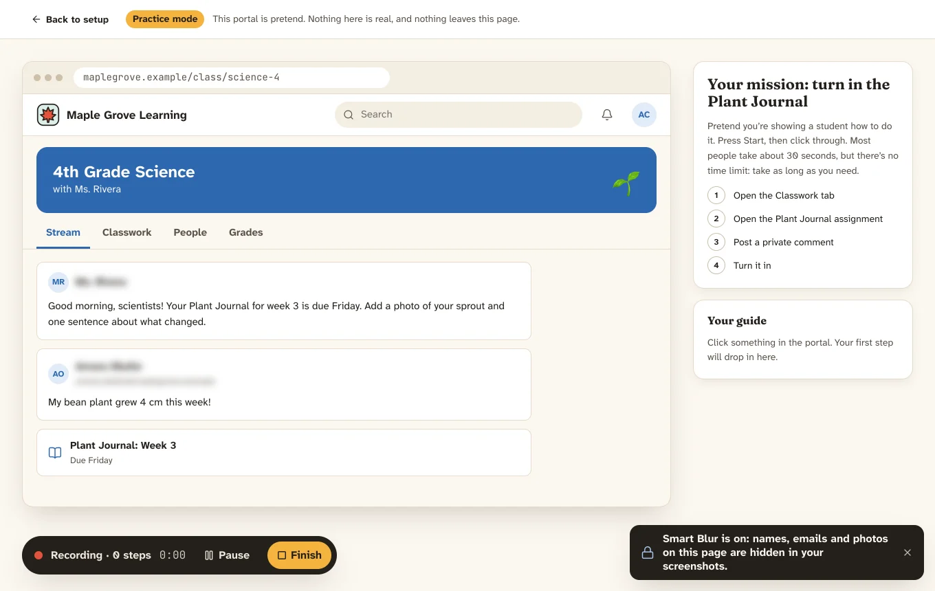 The Pathlight practice portal while recording: a pretend class website, a mission list on the right, and the recording bar with Pause and Finish at the bottom.