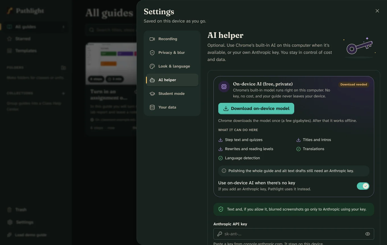 Settings for the AI helper: an on-device card that says No key, no cost, and an optional Anthropic key.