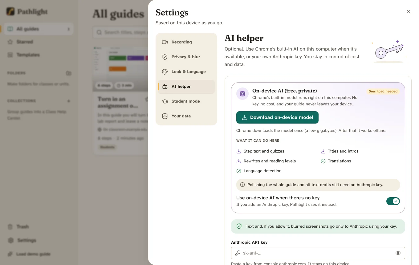 Settings for the AI helper: an on-device card that says No key, no cost, and an optional Anthropic key.