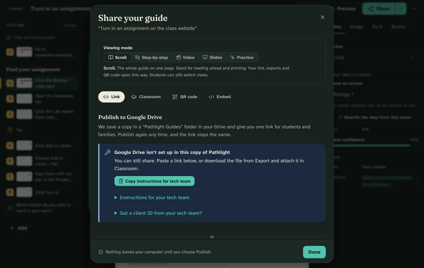 The Share dialog with tabs for Link, Classroom, QR code and Embed, and a note: Nothing leaves your computer until you choose Publish.